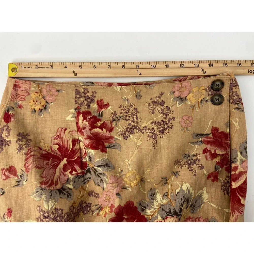Vintage Cottagecore Floral Linen Skirt 12 Tan Country Wrap Midi Preppy Old Money